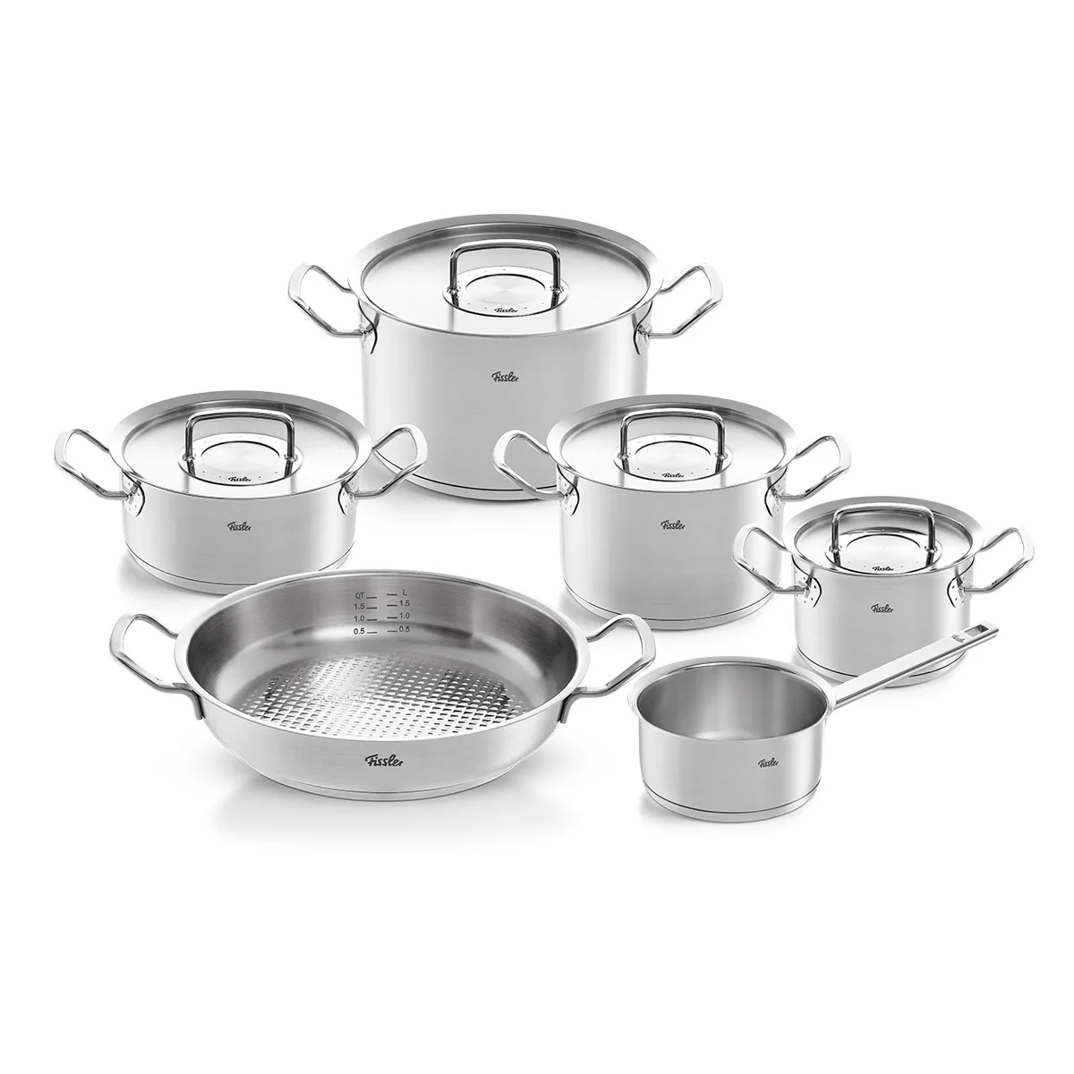 Original-Profi Collection® 5-teiliges Set aus Kochtöpfen, Bratentopf, Stielkasserolle mit Servierpfanne